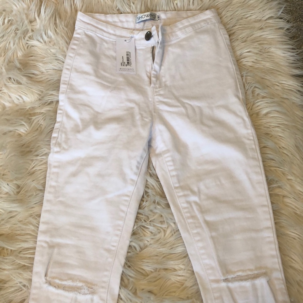 Showpo white high rise jeggings with knee rips